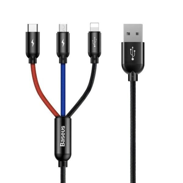 Baseus Three Primary 30CM Colors USB – Micro USB / Lightning / USB-C Cable with Nylon Braid 3.5A Black – CAMLT-ASY01