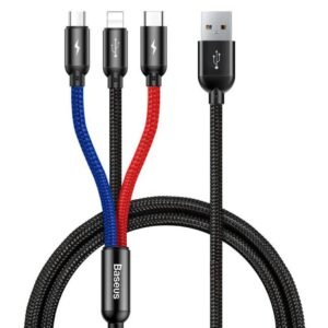 Baseus Three Primary 1.2M Colors USB – Micro USB / Lightning / USB-C Cable with Nylon Braid 3.5A Black – CAMLT-BSY01