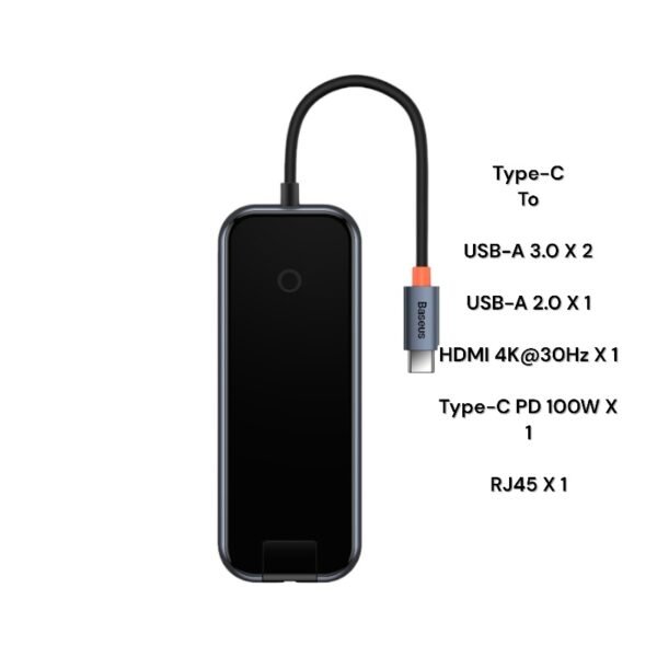 Baseus AcmeJoy 6-Port Type-C HUB Adapter - Dark Gray (Type-C to HDMI * 1 + USB 3.0 * 2 + USB 2.0*1+Type-C PD & Data * 1 + RJ45 * 1) 