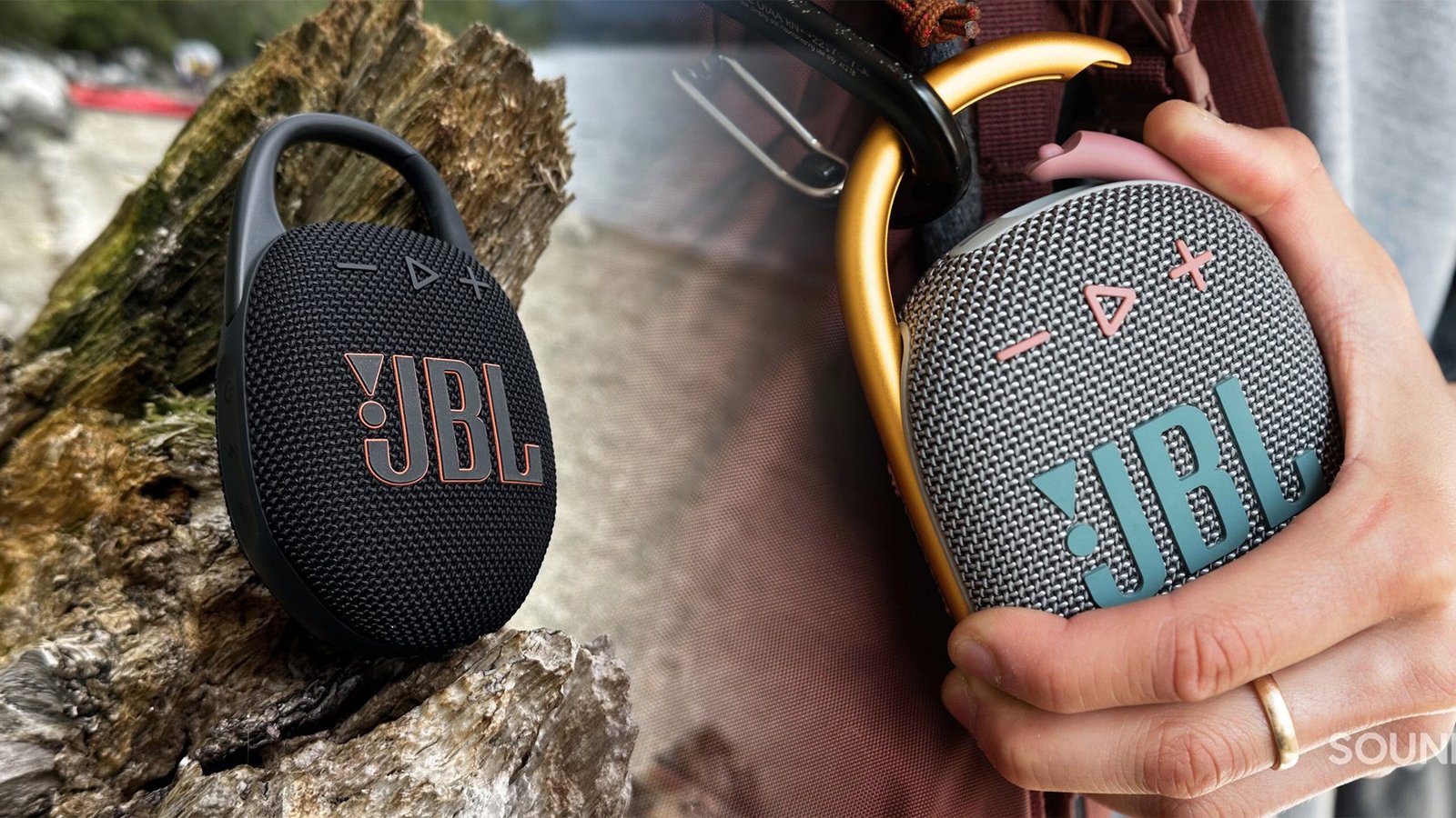 Side-by-side image of JBL Clip 5 and JBL Clip 4 Bluetooth speakers showing design differences and color options
