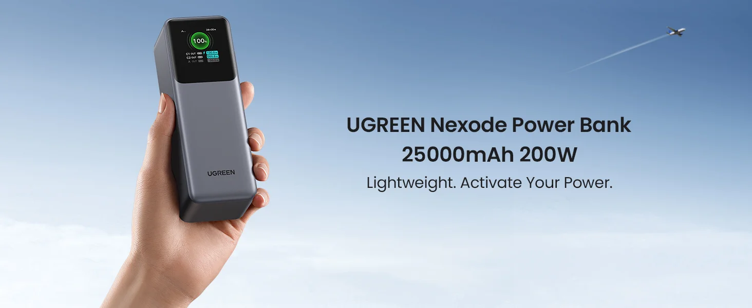 Portable UGREEN Nexode 200W 25000mAh power bank with digital screen