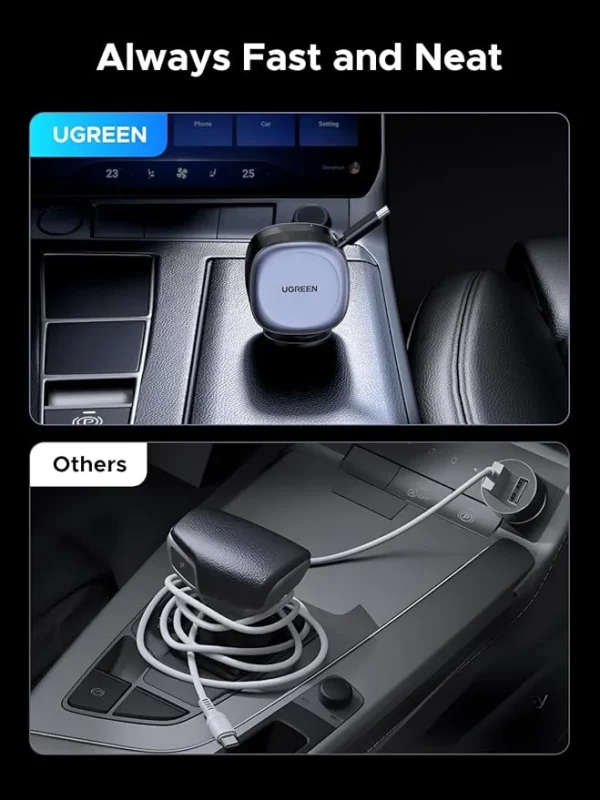 UGREEN 75W Dual Port Car Charger with Retractable Cable - Image 2