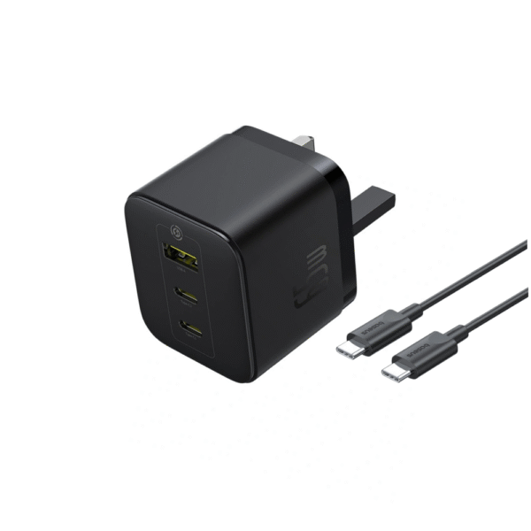 Baseus Palm 65W 3-Port Fast Charger 2C+U – UK – Cluster Black (with: Baseus 100W (20V/5A) 1 Meter Type-C to Type-C Cable ) – P1011160D113-01