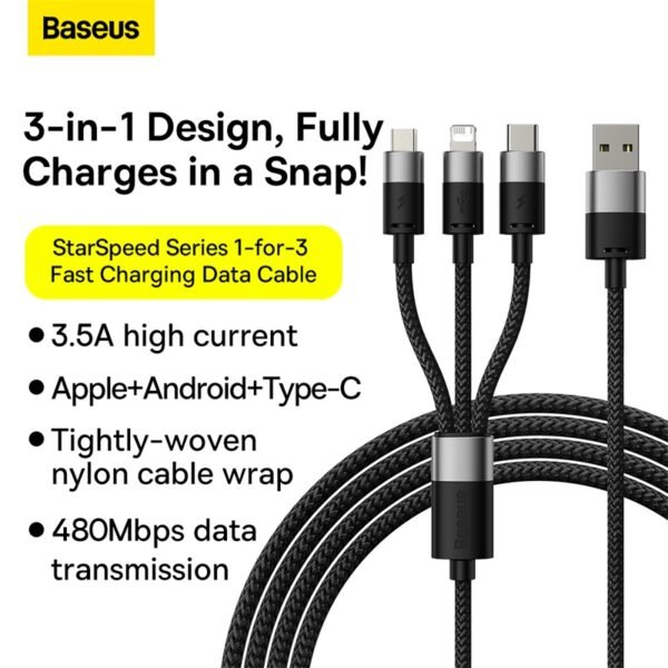 Baseus StarSpeed One-for-Three USB to M+L+C Cable - Image 8