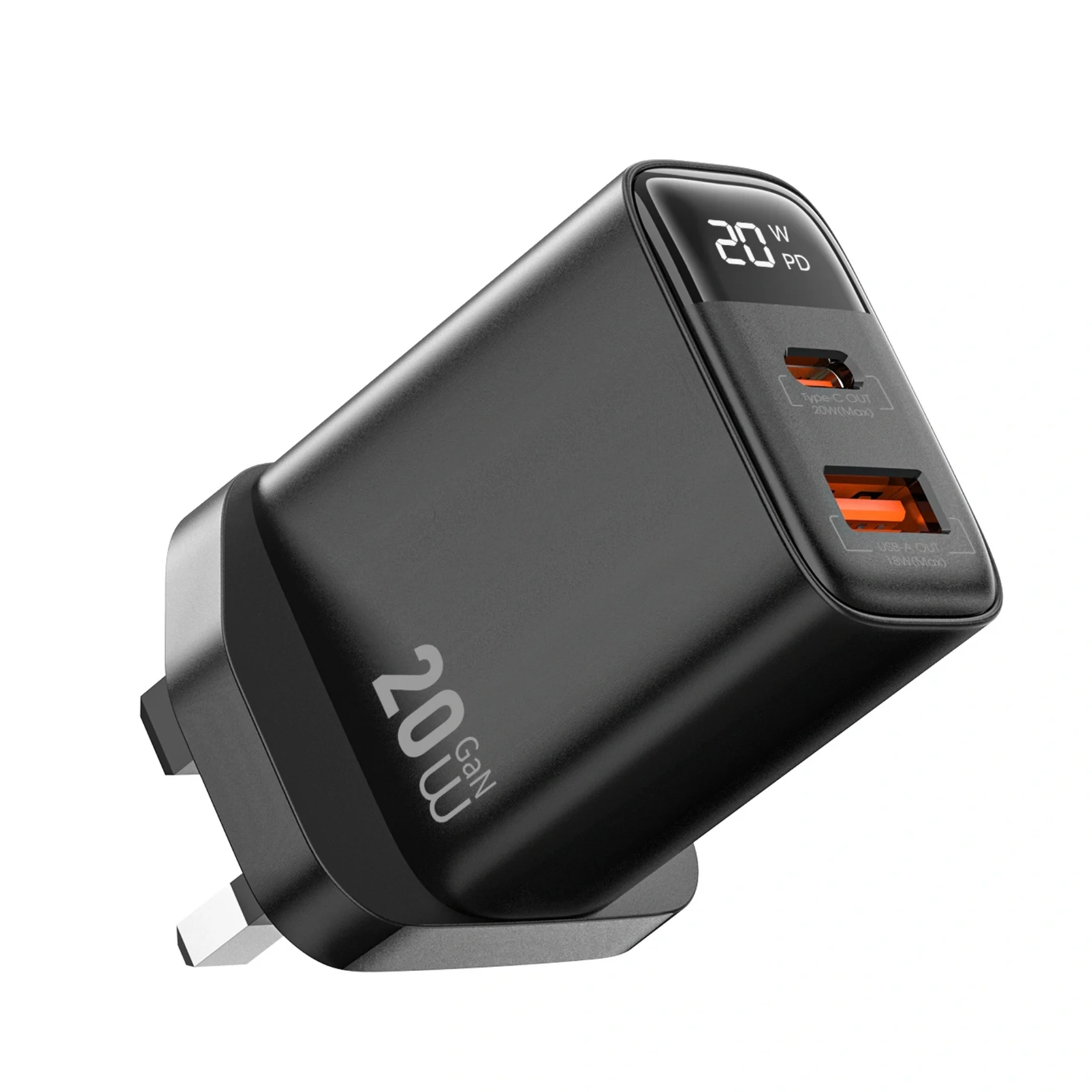 WIWU Firefly 20W PD GaN Dual Port Fast Charger - UK Plug (Type-C + USB-A) - Black - WI-G009