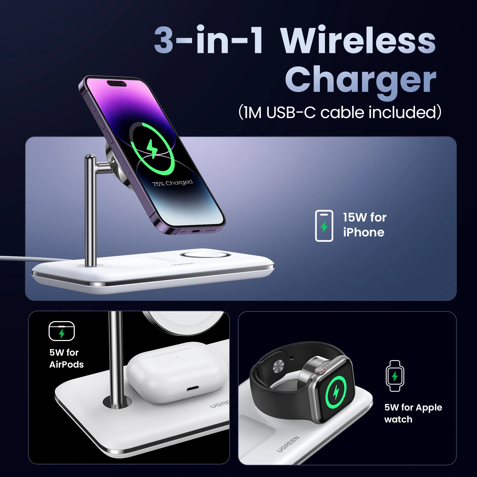 UGREEN 15W 3-in-1 Qi2 Wireless Charger - Image 4