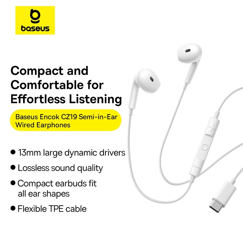 Baseus Encok CZ19 USB-C Wired Earphones – Moon White - Image 14