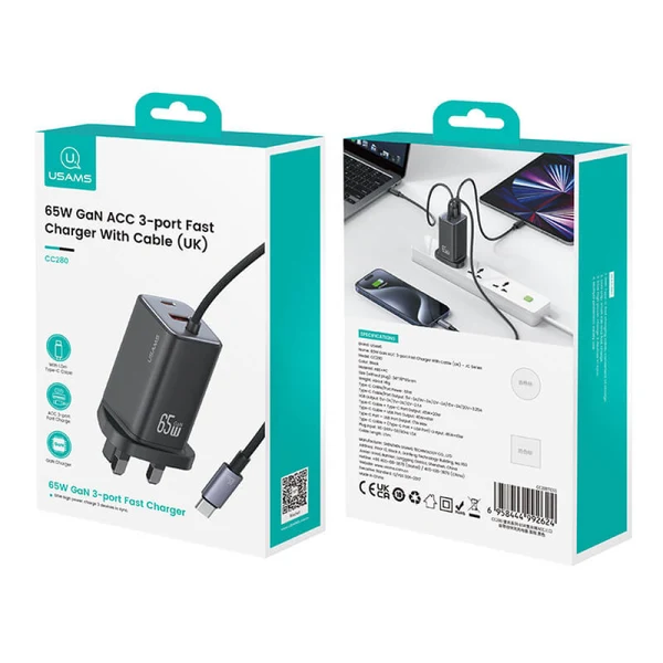 USAMS CC280 65W GaN ACC 3-port Fast Charger with Type-C Cable (UK) - JC Series - Image 10
