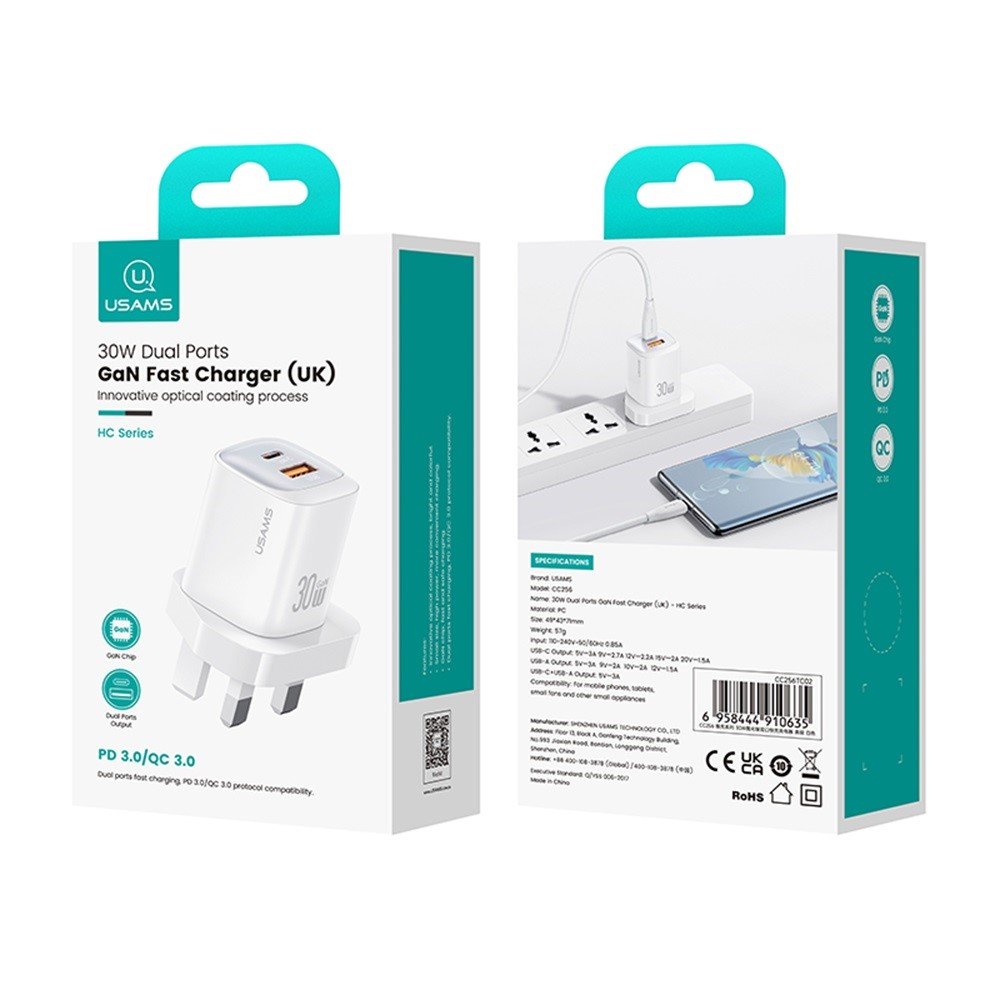 USAMS CC256 30W A+C GAN Dual Ports GaN Fast Charger (UK) - HC Series - Image 12