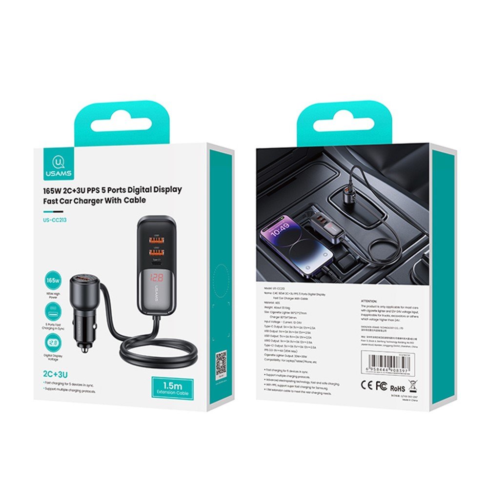 USAMS US-CC213 C40 165W 2C+3A PPS 5 Ports Digital Display Fast Car Charger - Image 15
